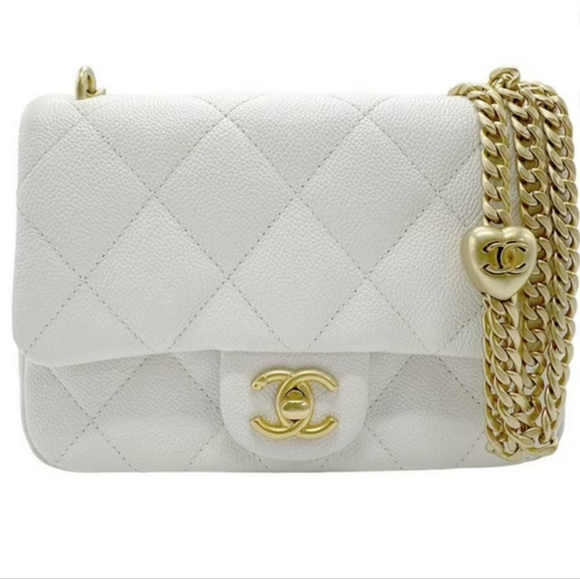 NEW Chanel White Caviar Shoulder Mini Flap Bag Gold Heart 10601 AUTHENTIC NWT - Picture 1 of 17